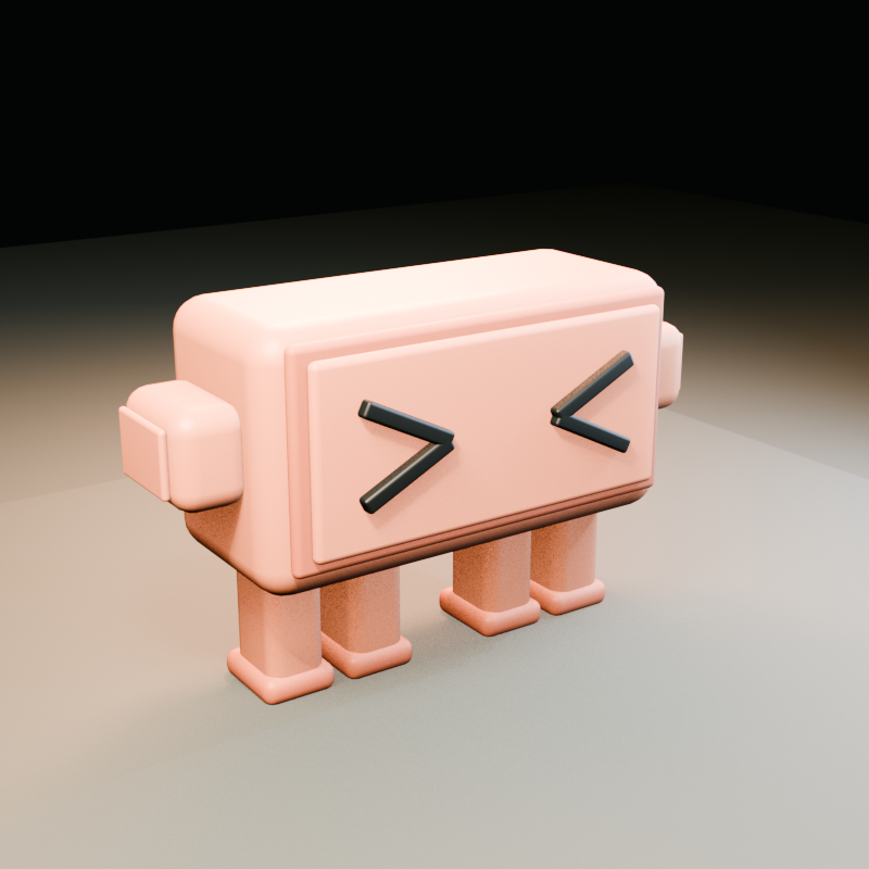 Blender source render of the terracotta Claude mascot, with a bevelled body, side tabs, four feet, and black inward-facing chevrons.